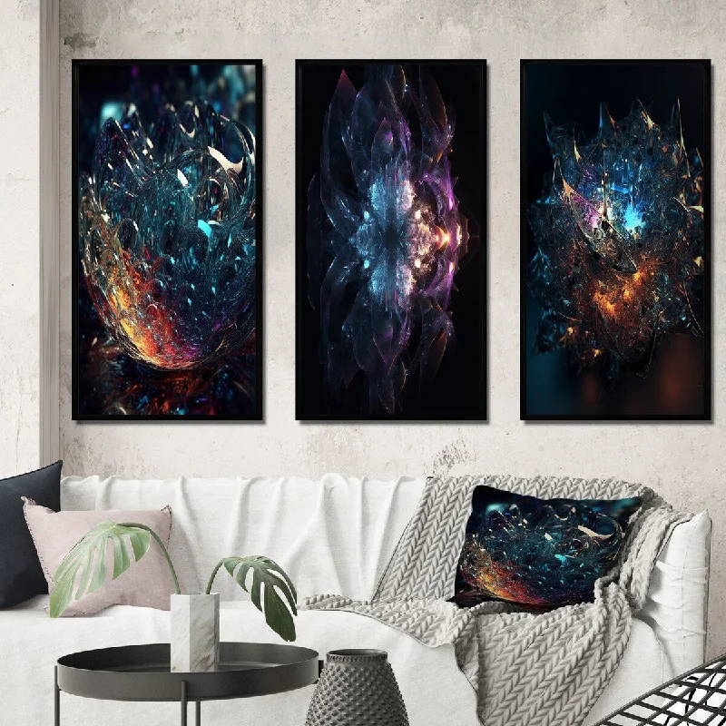 playful nature inspired canvas art-Designart "Abstract Cosmic Crystal In Deep Space III" Fractals Framed Wall Art Set Of 3 - Transitional For Office Decor