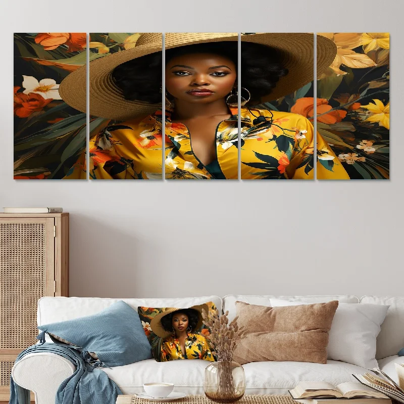 contemporary black and white prints for bedroom-Designart "African American Woman Harlem Renaissance II" African American Art Set Of 5 - Global Oversized Canvas Art