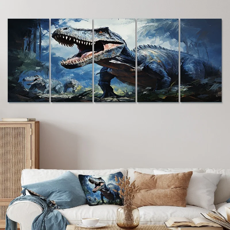 large nature canvas prints for home-Designart "Ancient Dinosaur Blue And Grey I" Blue Dinosaur Set Of 5 - Modern Oversized Wall Art Decor For Hallway