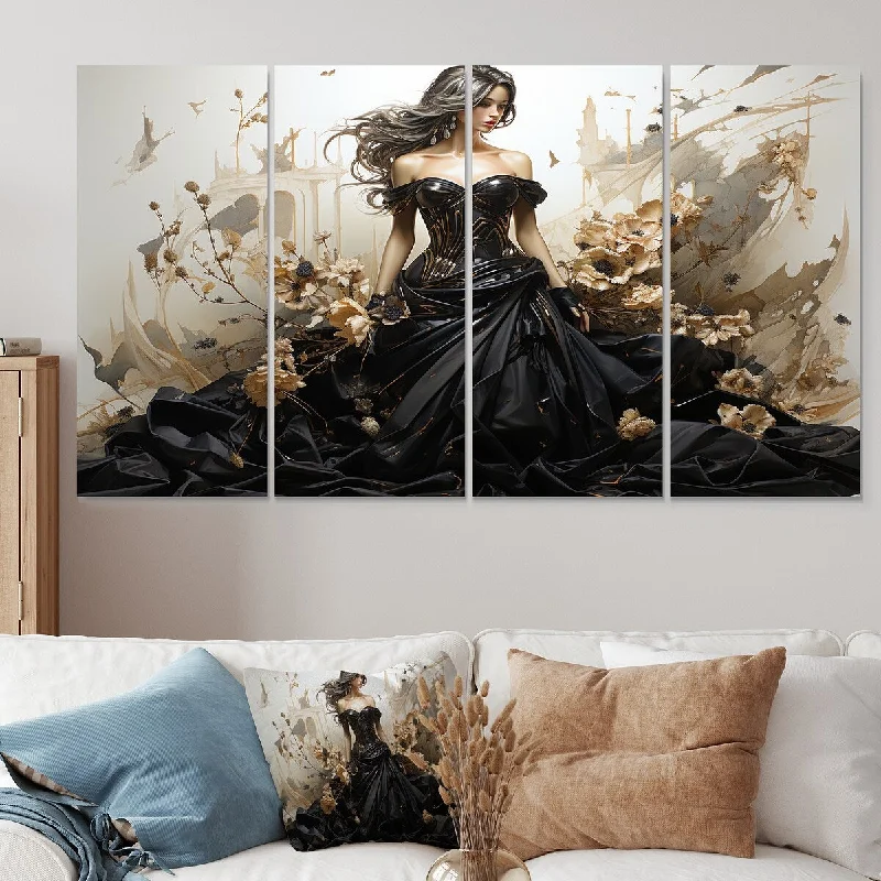 colorful cityscape wall art prints-Designart "Black And Gold Haute Couture Fashion Masterpiece" Fashion Extra Large Canvas Set Of 4 Oversized Glam Wall Art