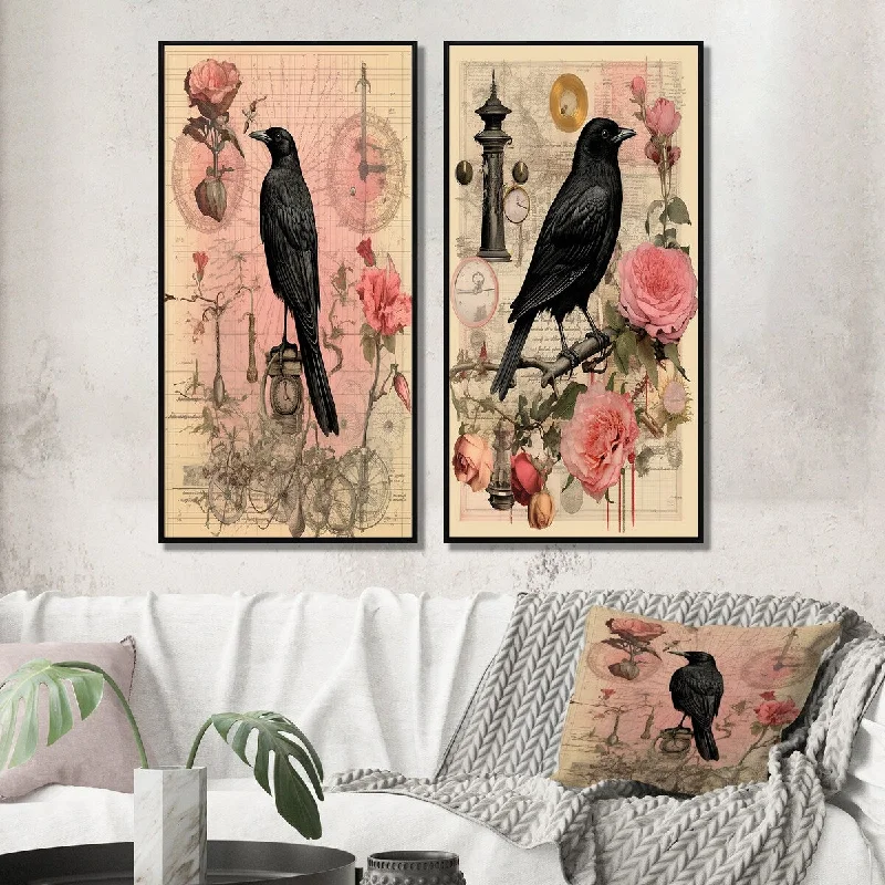 tropical abstract wall prints for home-Designart "Black Crow Vintage Illustration II" Crow Framed Wall Art Set Of 2 - Modern Wall Art Set Of 2