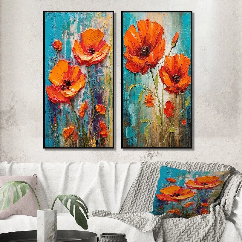 geometric nature art prints for home-Designart "Blossoming Red Poppes On Teal Sky Painting I" Poppies Wall Art Décor Canvas Set For Living Room Decor