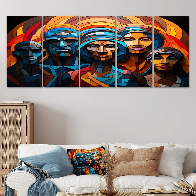 oversized floral canvas prints for bedroom-Designart "Blue African Ancestral Legacy III" African American Art Set Of 5 - Oversized Wall Decor Art For Living Room