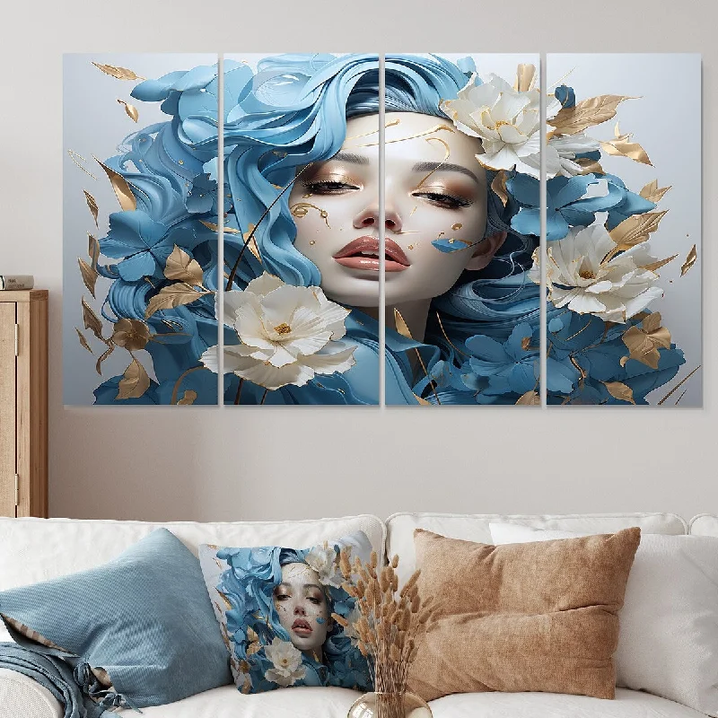 playful abstract prints for bedroom-Designart "Blue And Beige Abstract Woman With Flowers III" Fashion Woman Canvas Set Of 4 - Oversized Glam Wall Art Decor