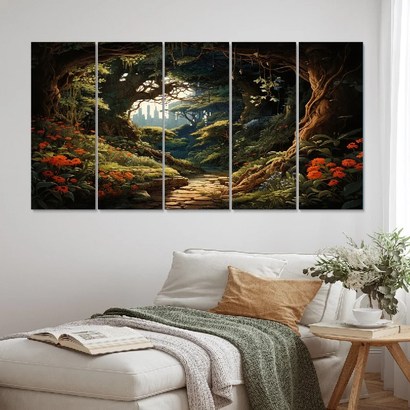 botanical abstract canvas wall art-Designart "Brown Green Enchanted Forest Pathway" Landscapes Multipanel Canvas Print set