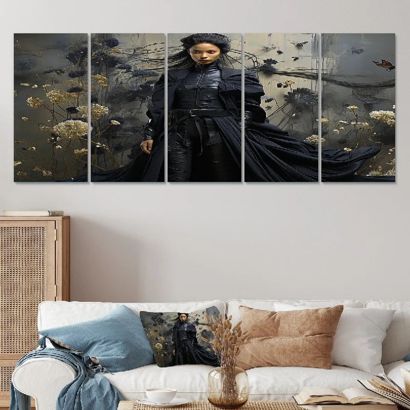 oversized tropical photography canvas prints-Designart "Dark Fashion Couture Woman" Black Fashion Set Of 5 - Glam Oversized Wall Art Decor For Hallway