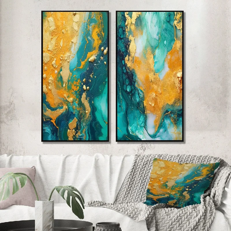 tropical floral prints for living room-Designart "Golden Ocean Waves Turquoise Abstract V" Abstract Painting Framed Canvas Set Of 2 For Living Room Decor