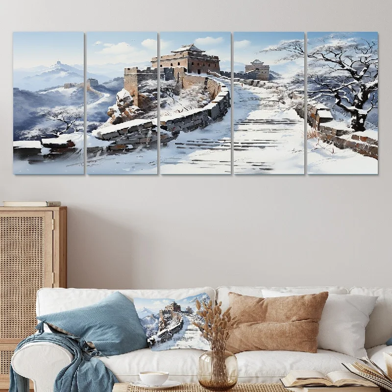 oversized pop art photography prints-Designart "Great Wall Of China In Winter III" White China Art Set Of 5 - Global Oversized Wall Art Decor For Hallway