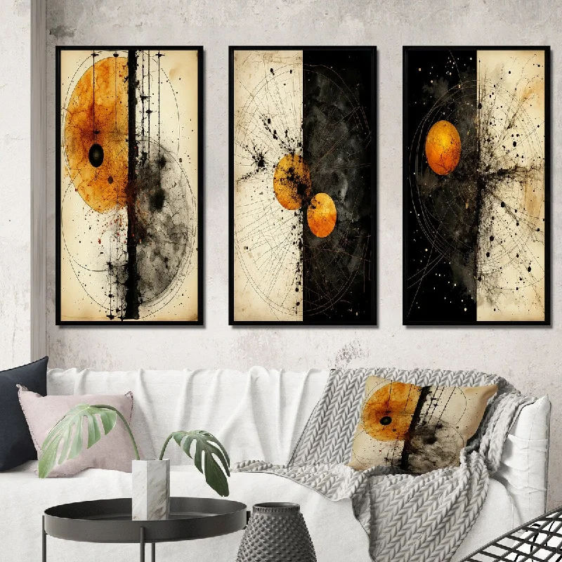 modern floral wall art for bedroom-Designart "Harmony Circular Abstract Orange White Black I" Modern Geometric Frame Gallery Set Of 3 For Office Decor