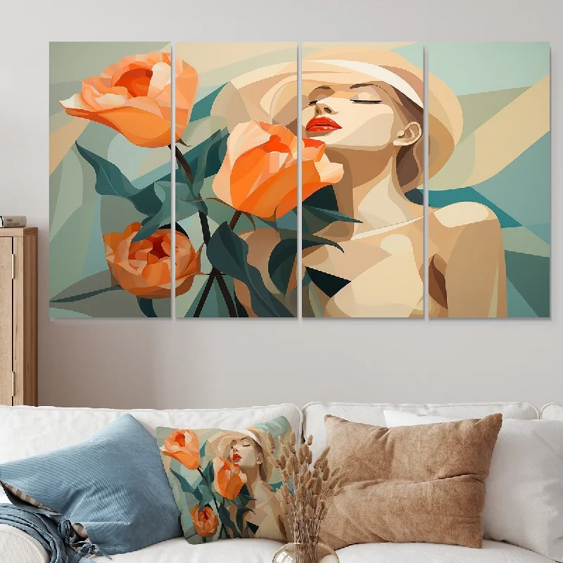 contemporary abstract landscape prints-Designart "Midcentury Colors Floral Woman Portrait III" Fashion Woman Canvas Set Of 4 - Oversized Glam Wall Art