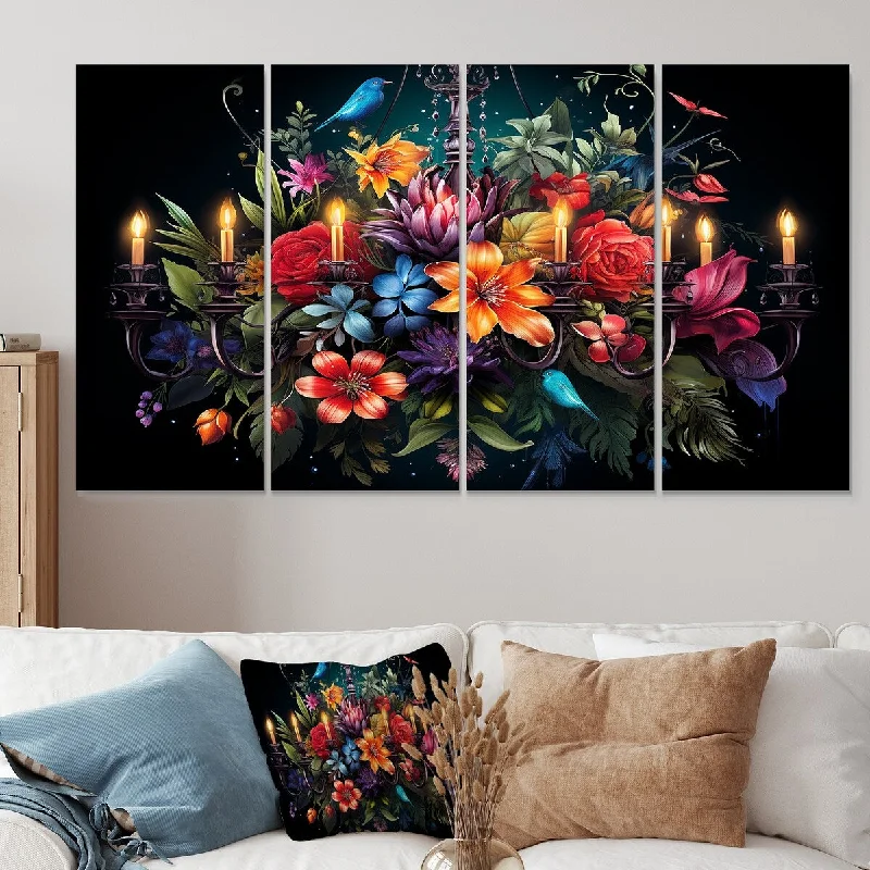 tropical photography prints for home-Designart "Mixed Floral Bouquet Beauty" Flowers Extra Large Canvas Set Of 4 Oversized Traditional Wall Art For Entryway