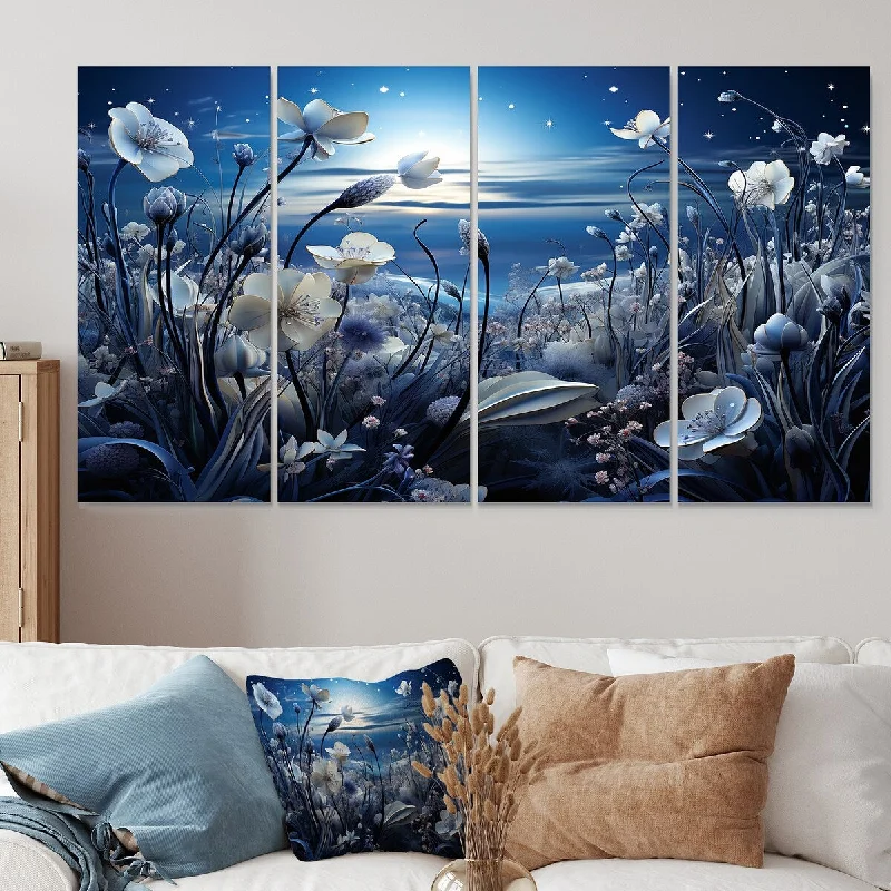 tropical landscape canvas prints for bedroom-Designart "Moon Cosmic Floral Couture Meadows" Flowers Extra Large Canvas Set Of 4 Oversized Traditional Wall Art Decor