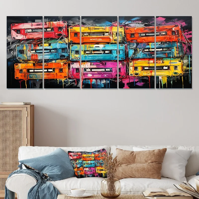 vibrant coastal prints for living room-Designart "Neon Groove Cassette Tapes III" Cassette Tapes Set Of 5 - Modern Oversized Wall Decor Art For Living Room