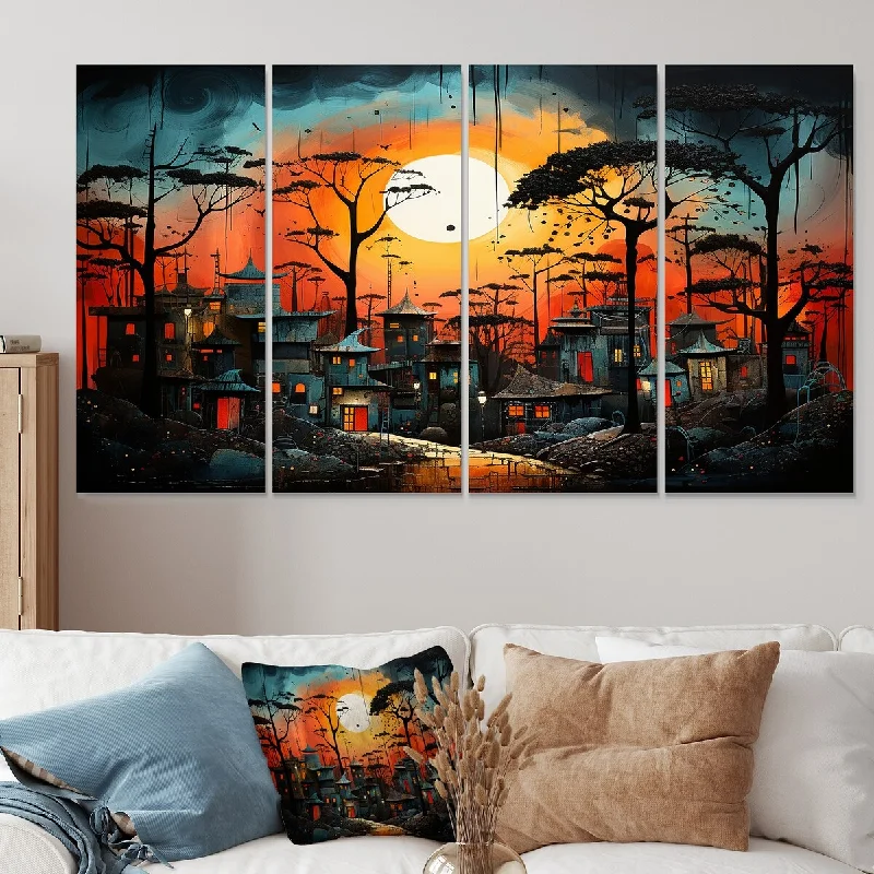 playful nature inspired canvas art-Designart "Orange African Pygmy Village Chronicles" African Tribal Extra Large Canvas Set Of 4 Oversized Global Wall Art