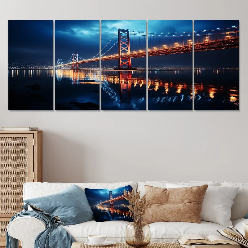 contemporary geometric canvas art-Designart "Panoramic Bridge Sunrise III" Red Bridges Set Of 5 - Traditional Oversized Wall Decor Art For Living Room