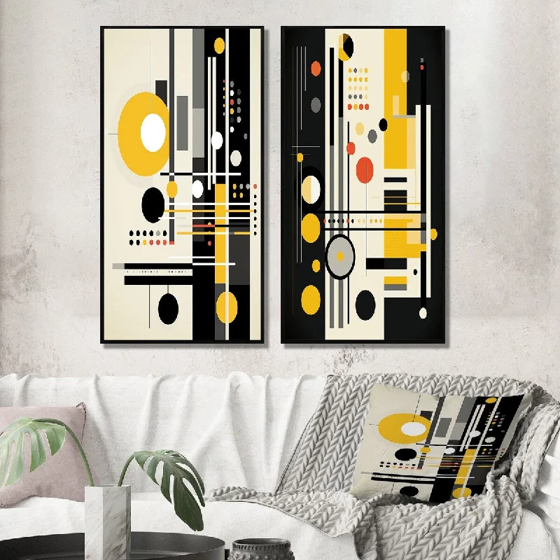 botanical art prints for bedroom-Designart "Paradise Of Sound Retro Abstract Yellow Black II" Modern Geometric Framed Wall Art For Living Room Decor