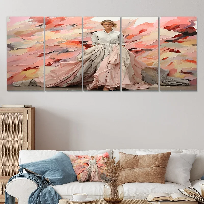 playful geometric wall art for bedroom-Designart "Pink And White High Fashion Model" White Dior Set Of 5 - Glam Oversized Wall Art Decor For Hallway