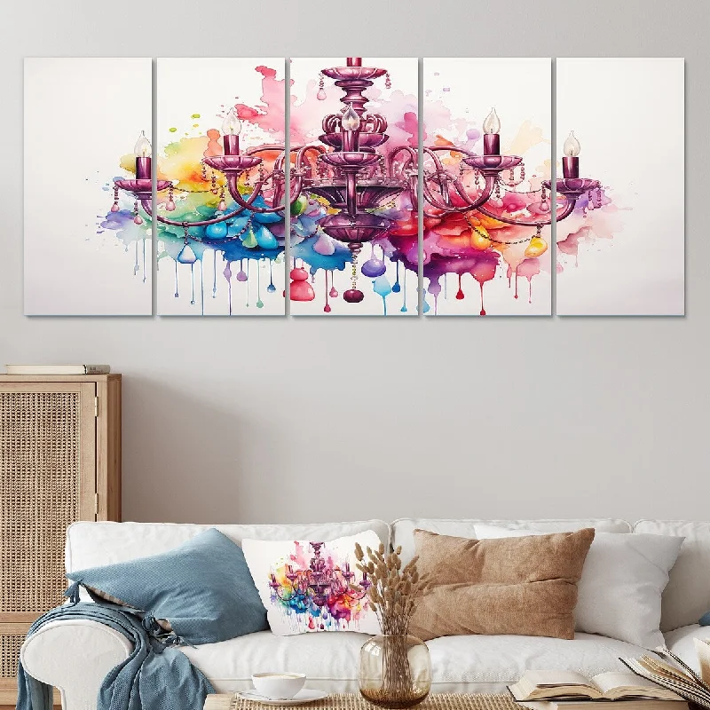 large nature canvas prints for home-Designart "Pink Baroque Luminary Chandelier Brilliance IV" Chandelier Set Of 5 Oversized Wall Decor Art For Living Room