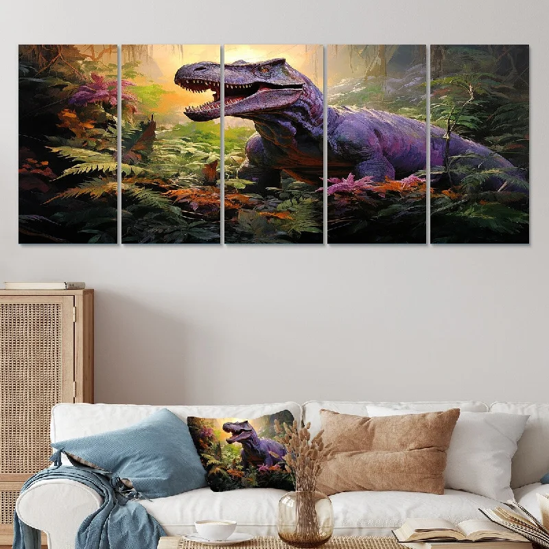 vibrant coastal wall art prints-Designart "Prehistoric Dinosaur In The Jungle" Purple Dinosaur Set Of 5 - Modern Oversized Wall Art Decor For Hallway