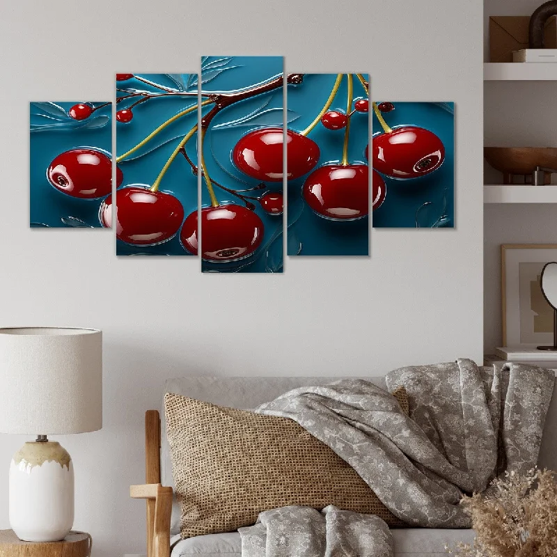 tropical water landscape wall art-Designart "Red Cherry Tree Explosion I" Red Cherry Set Of 5 - Traditional Oversized Canvas Wall Art For Entryway