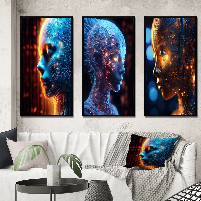 vibrant modern art prints for office-Designart "Sci-Fi Portrait Of Futuristic Iridiscent Woman II" Abstract Portraits Gallery Wall Set Of 3 For Home Decor