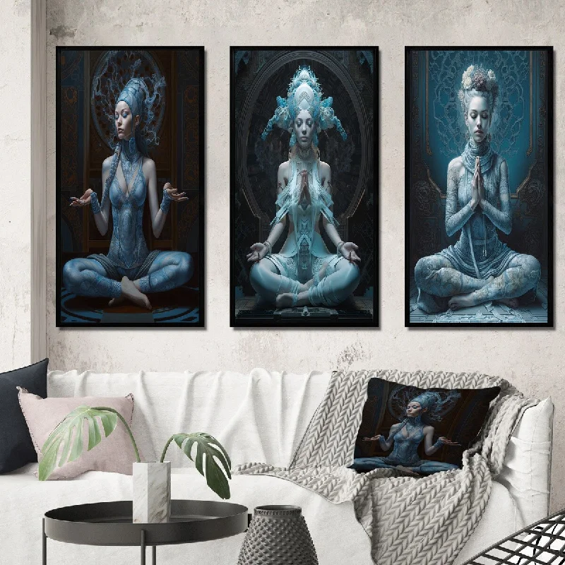 oversized floral paintings for home-Designart "Spiritual Serenity Blue Goddess Meditation IV" Yoga Framed Wall Art Set Of 3 - Traditional For Office Decor