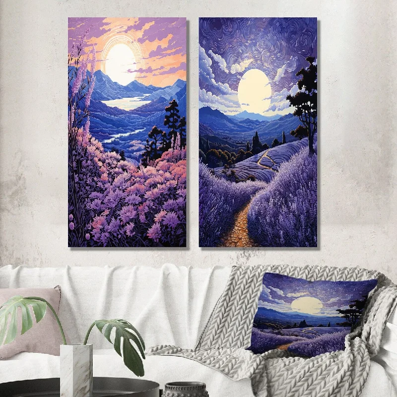 contemporary abstract canvas prints for home-Designart "Sweeping Fields Of Laverder Over Serene Sky I" Lavender Wall Art Set of 2 - Traditional Wall Art For Bedroom