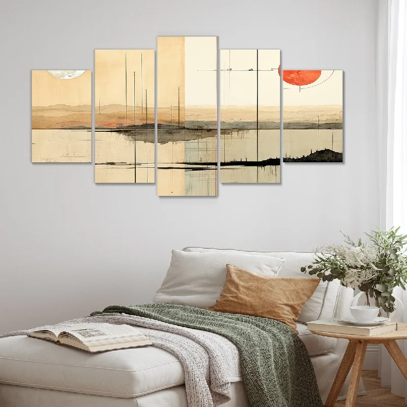 contemporary abstract landscape prints-Designart "Transcendent Mountain Abstract Collages II"Abstract Collages Set Of 5 Oversized Canvas Art For Home Decor