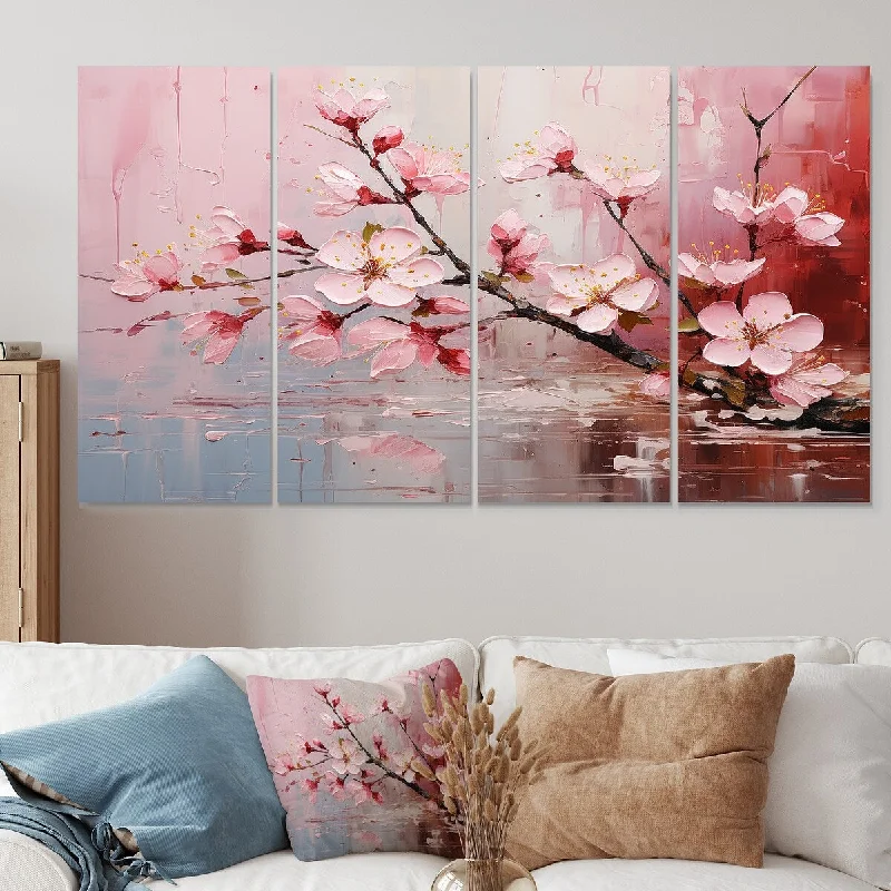 contemporary nature canvas prints for bedroom-Designart "White And Pink Cherry Tree Bloom IV" Cherry Extra Large Canvas Set Of 4 Oversized Traditional Wall Art Decor