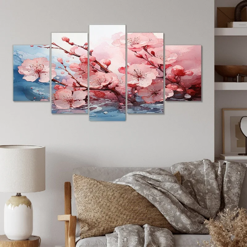 oversized contemporary landscape art-Designart "White And Pink Cherry Tree Bloom VI" Cherry Set Of 5 - Traditional Oversized Canvas Art Print For Home Decor