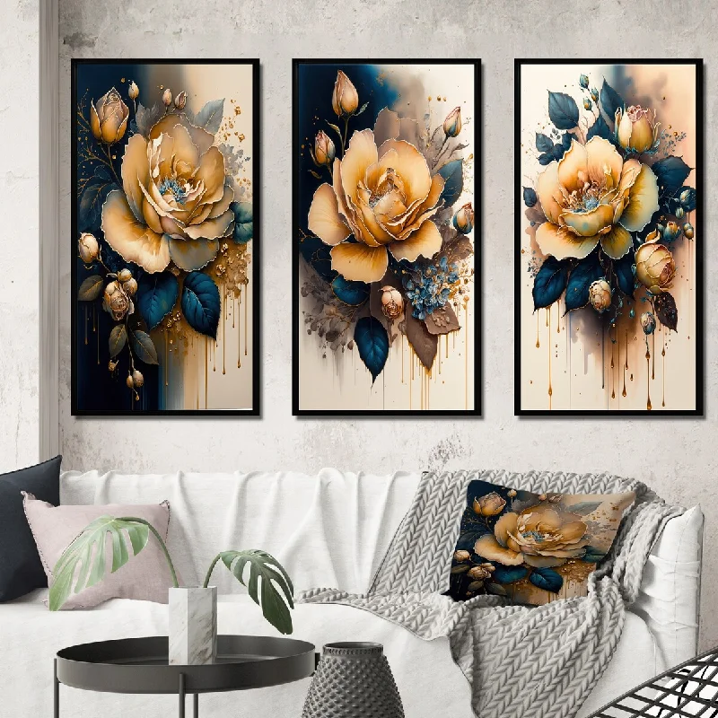 abstract nature prints for office-Designart "Yellow And Blue Roses I" Floral & Botanical Framed Wall Art Set Of 3 Traditional Gallery Set For Office Decor