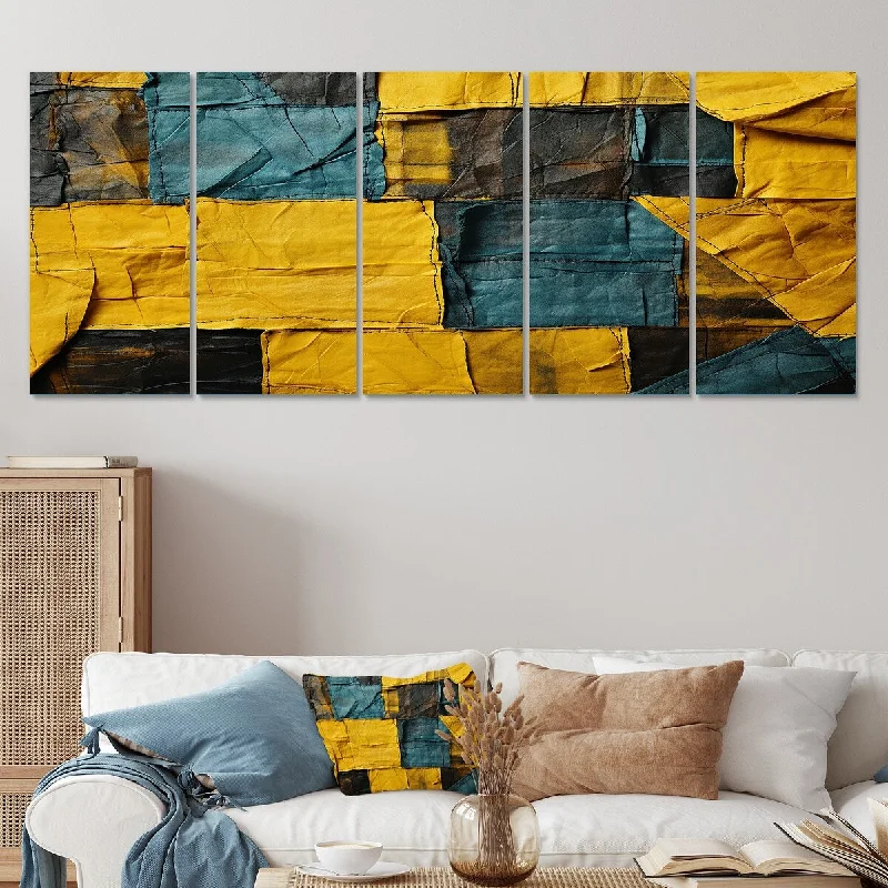 oversized geometric canvas wall art-Designart "Yellow And Green Abstract Cube Echoes" Abstract Collages Set Of 5 Oversized Canvas Art For Bedroom Decor