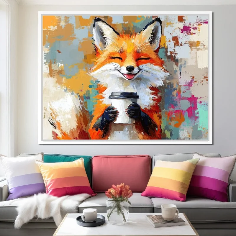 contemporary nature photography canvas art-Fox's Joyful Sips of Coffee