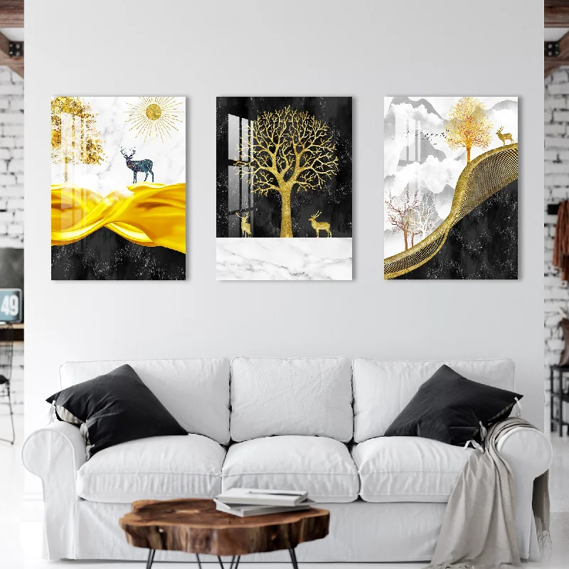 tropical landscape prints for home decor-Framed Deer Acrylic Wall Art (Set of 3)