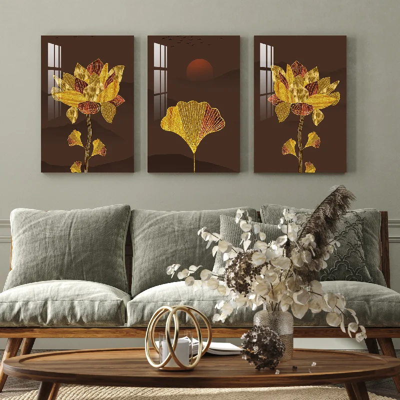 large tropical nature art prints-Golden and Red Flowers With Sun Acrylic Wall Art (Set of 3)