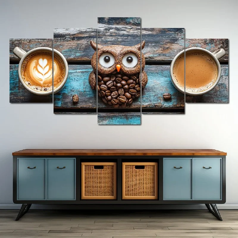 retro nature wall prints for living room-Owl's Coffee Delight