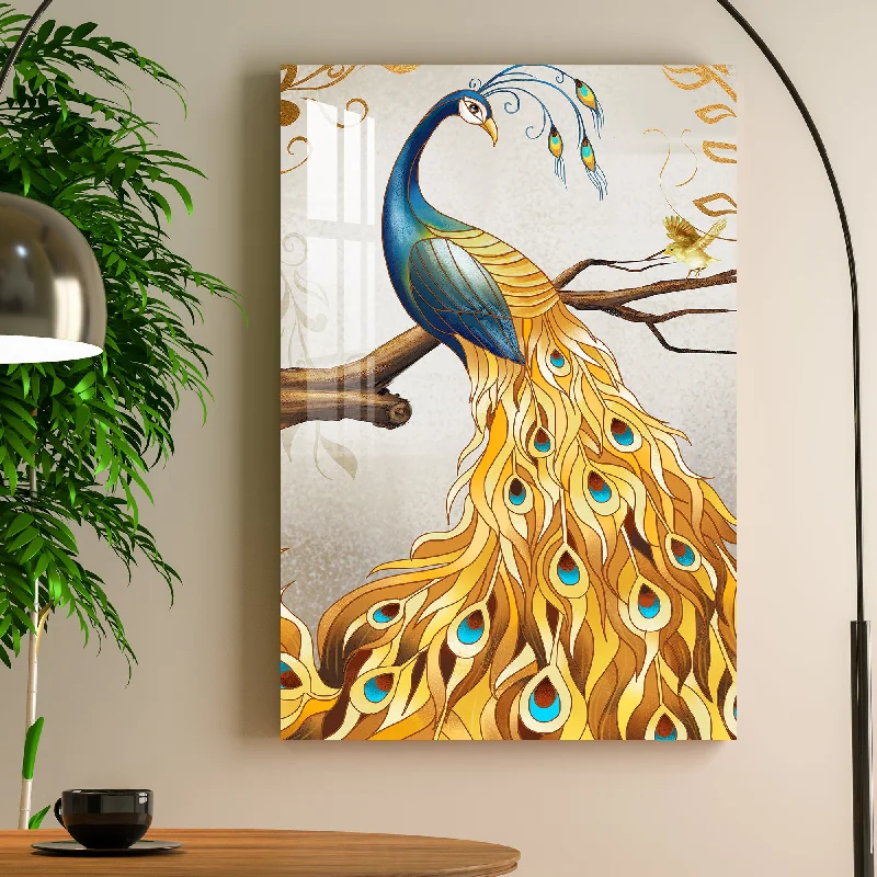 large vibrant abstract wall art-Peacock With Golden Feathers Acrylic Wall Art