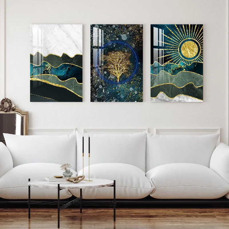 botanical canvas prints for bedroom-Turquoise Marble Golden Trees Acrylic Wall Art (Set of 3)